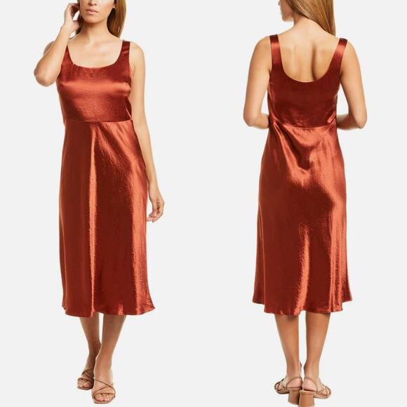 Vince Fitted Satin Midi Slip Dress US 10 Rust Burnt Orange Formal Party Glam - Picture 1 of 15